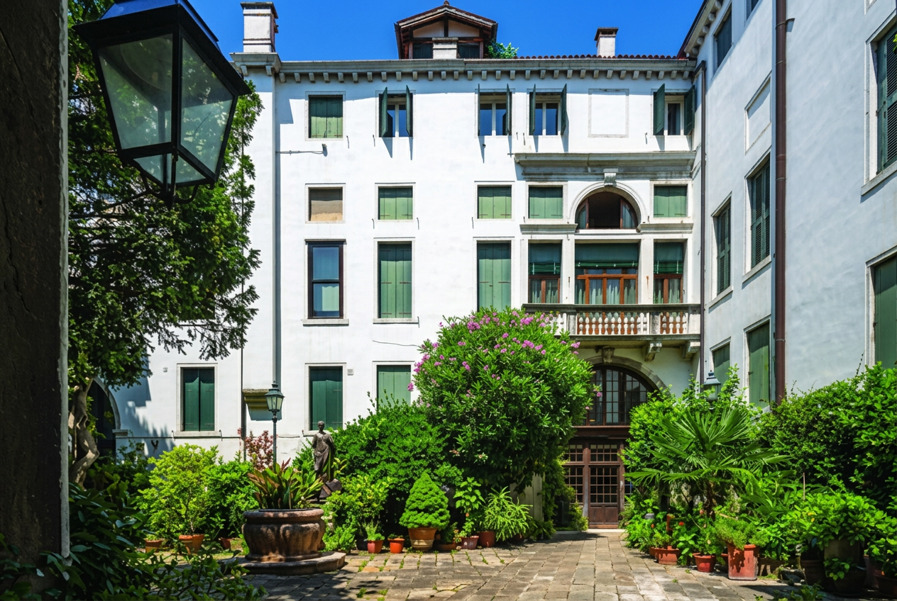 Cortile interno di Palazzo Mocenigo con vegetazione e pozzo in pietra